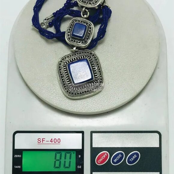 Beaded Chain Necklace with Triple Blue Square Pendants, Lapis Lazuli Stone - Picture 10 of 16